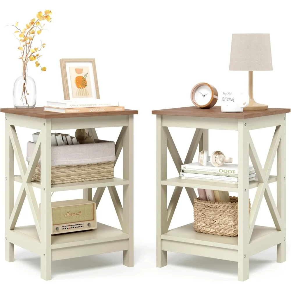 

Farmhouse End Tables Living Room Set of 2, 3-Tier Modern Side Tables with Storage Small Wood Look Rustic Bedroom Nightstands Set