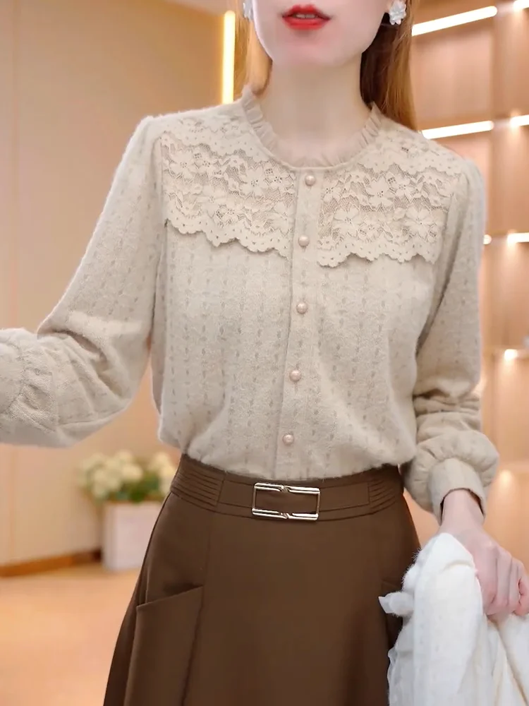 

Ретро-топ с кружевными вставками и пэчворком, модный, больших размеров, стройнящий, для осеннего сезона, в корейском стиле, свободного кроя, с длинными рукавами