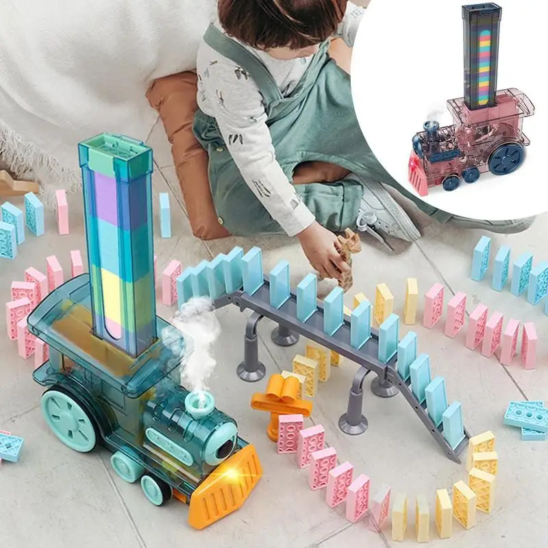 Domino Train ของเล่นขนาดเล็กรถไฟไฟฟ้าอัตโนมัติ Creative Domino เครื่องไฟและเสียงเด็กวัยหัดเดิน STEM ของเล่นสนุก