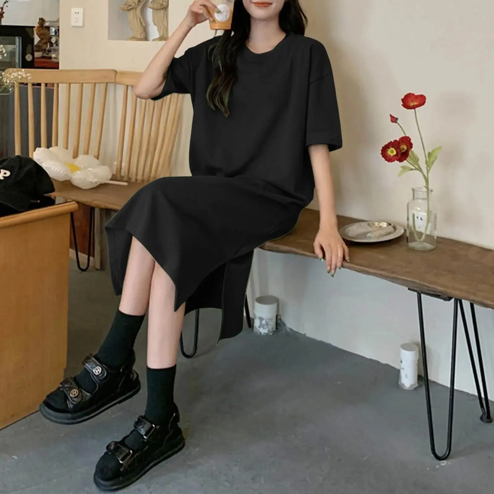 Surdimensionné ort suède t-shirt Dr pour les femmes été coupe ample décontracté Maxi Dr confortable respirant autre matériau 00%