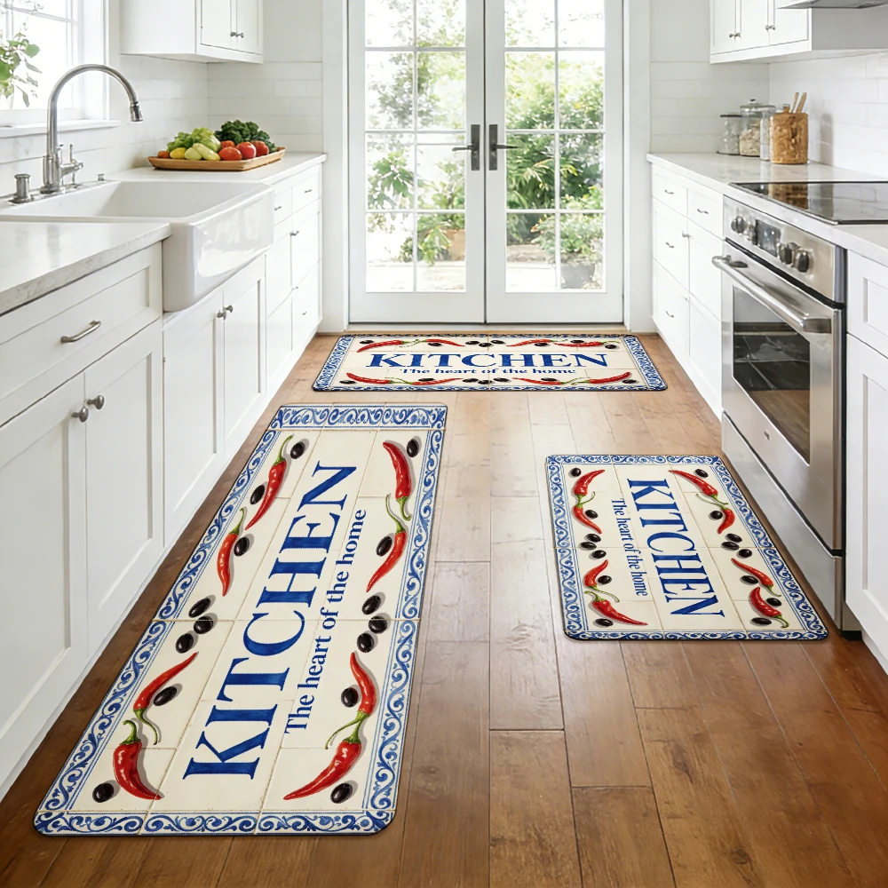 Retro Mediterranean Tile Chili Olive Floor Mat Non Slip Quick Dry Runner Large Kitchen Letter Pattern Carpet for Kitchen Counter
