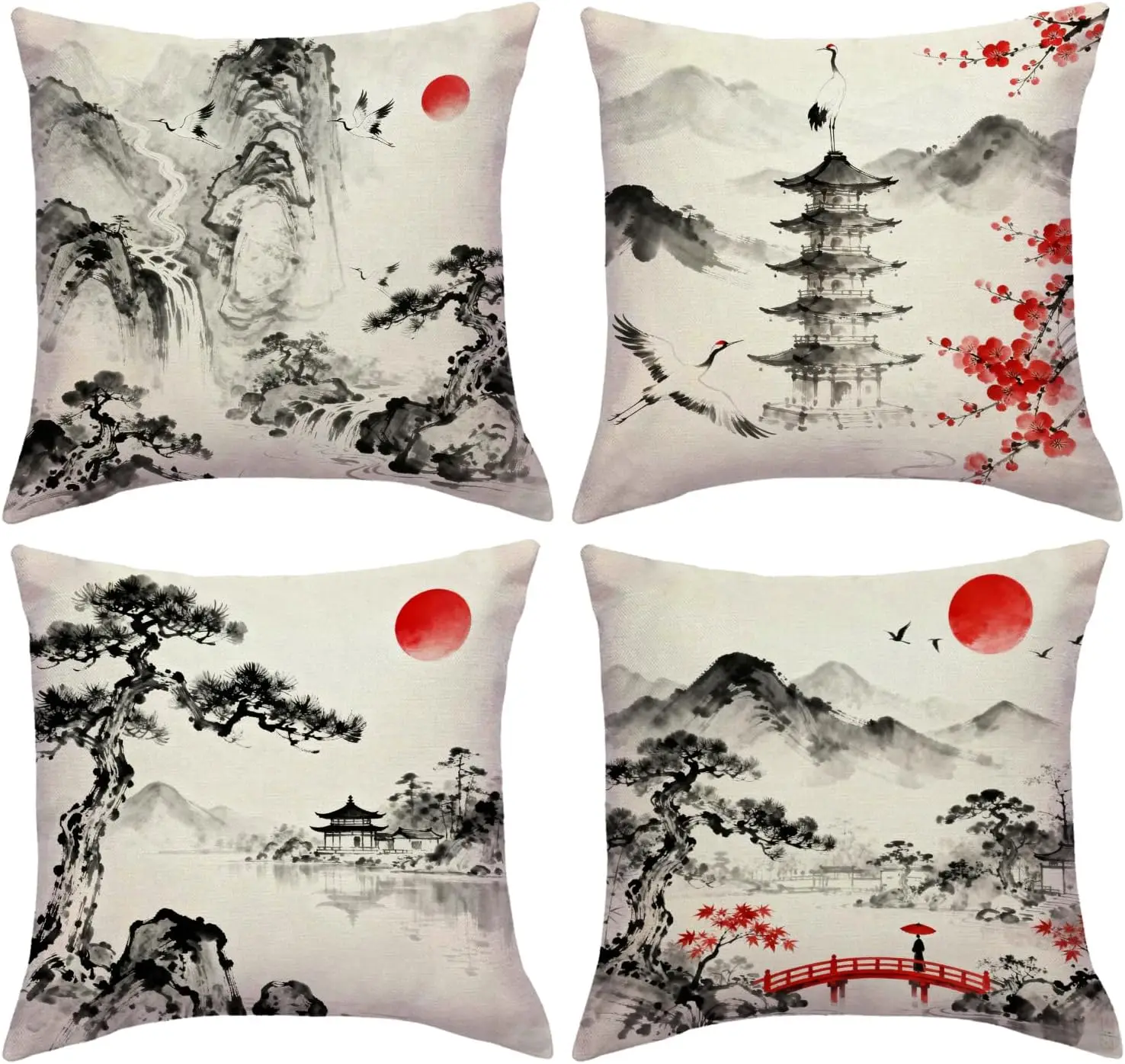 

4Pcs Japanese Ink Landscape Throw Pillow Covers, Traditional Crane and Pagoda Cushion Cases for Living Room Bedroom Sofa Home