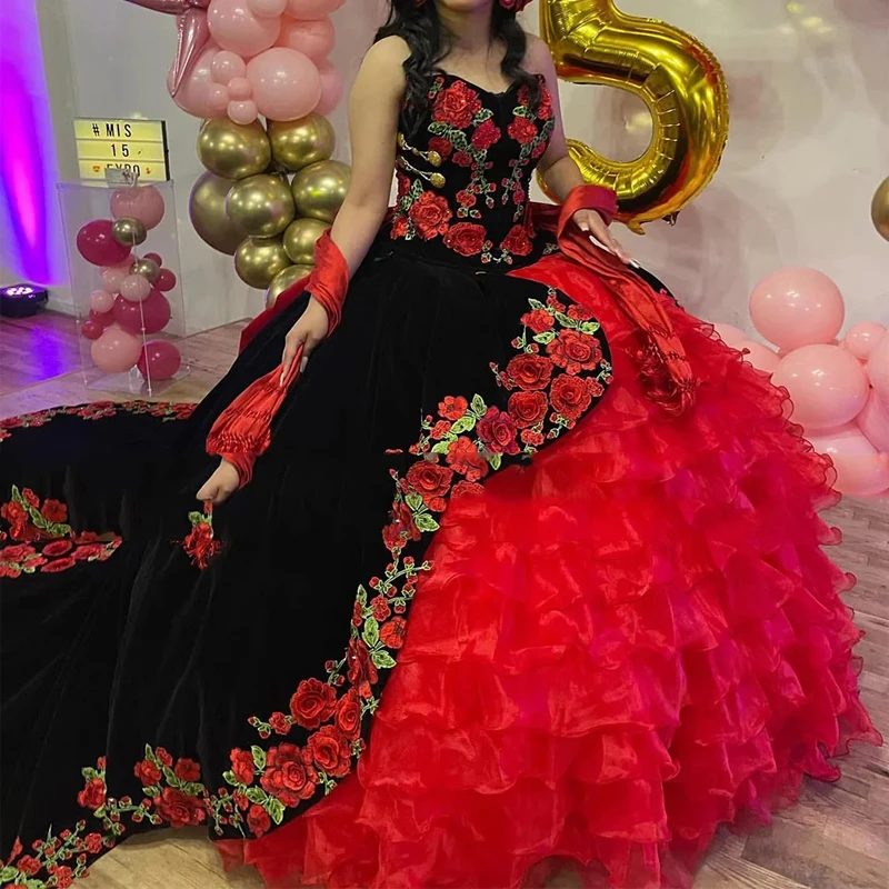 Red Black Embroidery Quinceanera Dresses MexicanSweet 16 Birthday Dress Tull Ruffle Vestidos 15 De Xv Años