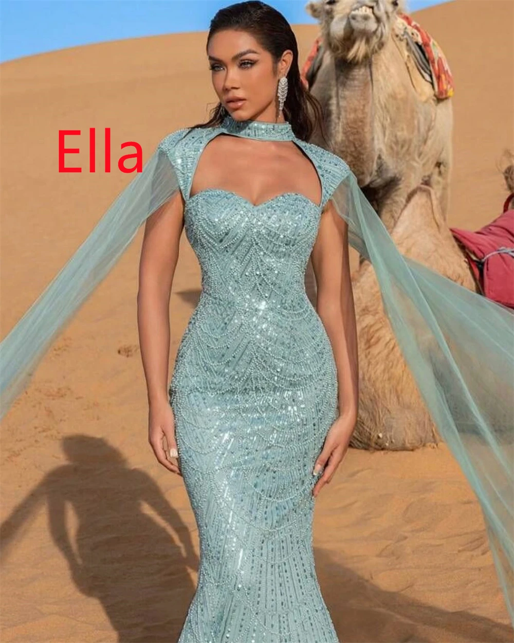 Customized Classic Light Green Organza Evening Dress Exquisite High Neckline Shawl Sleeveless Mermaid Zipper Back Prom Dress