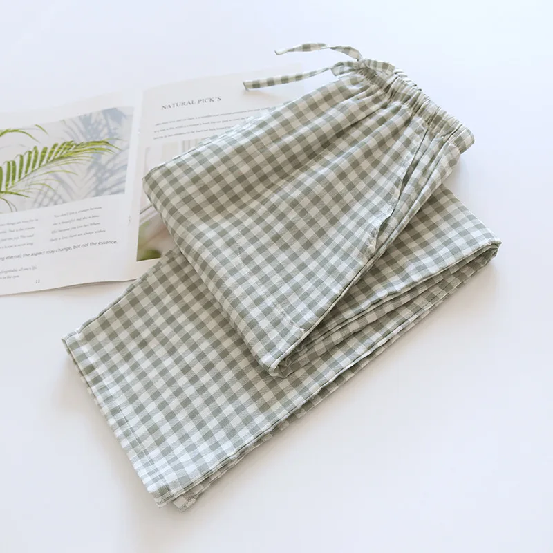Men's Cotton Gauze Trousers Plaid Knitted Sleep Pants Woman Pajamas Pants Bottoms Sleepwear Short For Couples Pijama Hombre