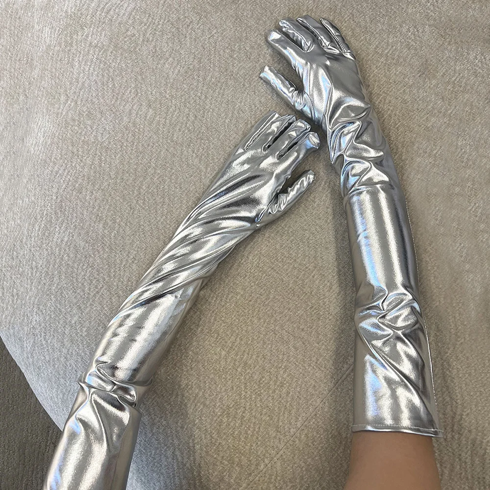 Women Sexy Patent Leather 55cm Long Gloves Cosplay Clothing Accessories Black Tight Gloves DS Pole Dance Performance Party Opera