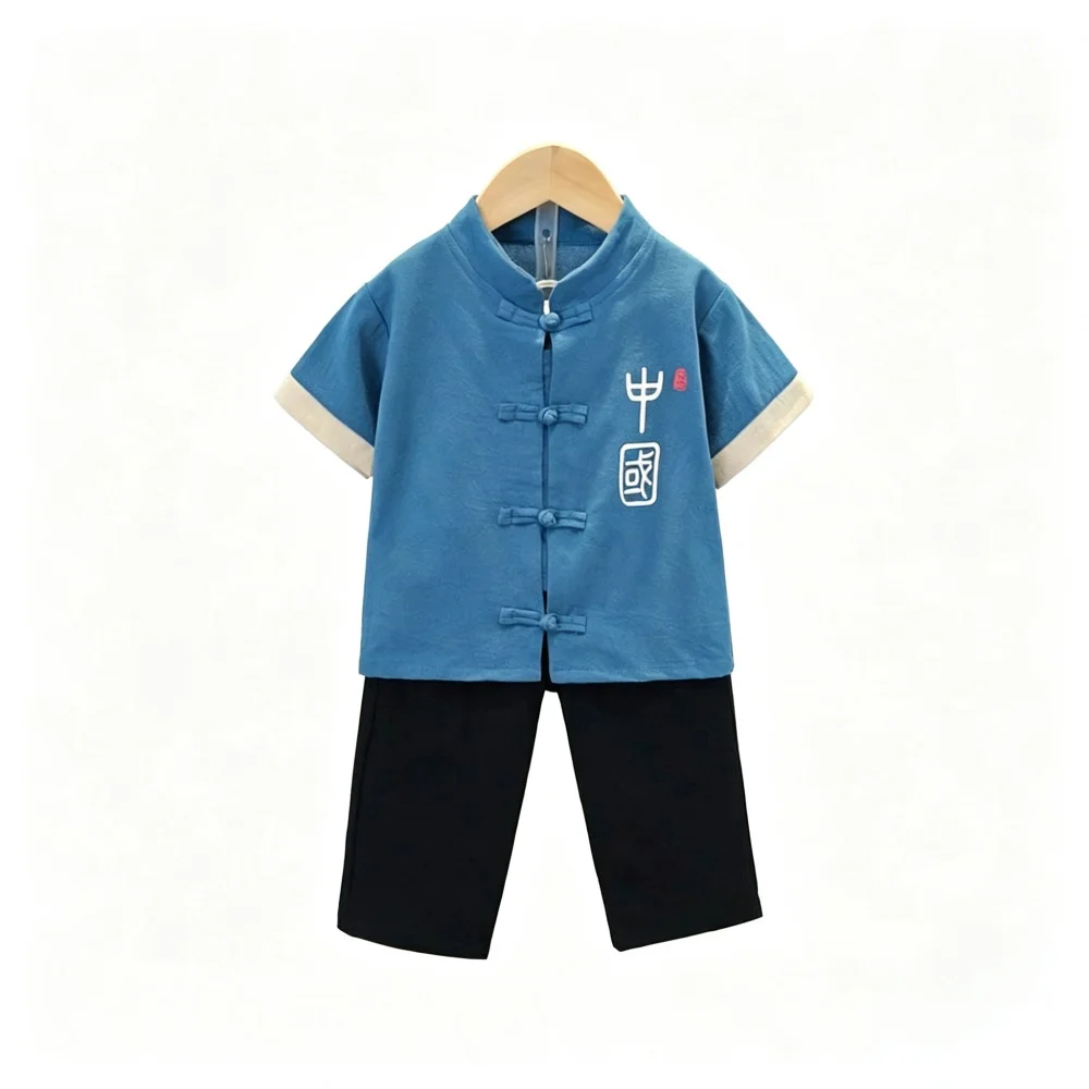 Boys Traditional Chinese Tang Suit Hanfu Set Short Sleeve Embroidery Kids National Costume Birthday New Year Clothes 5