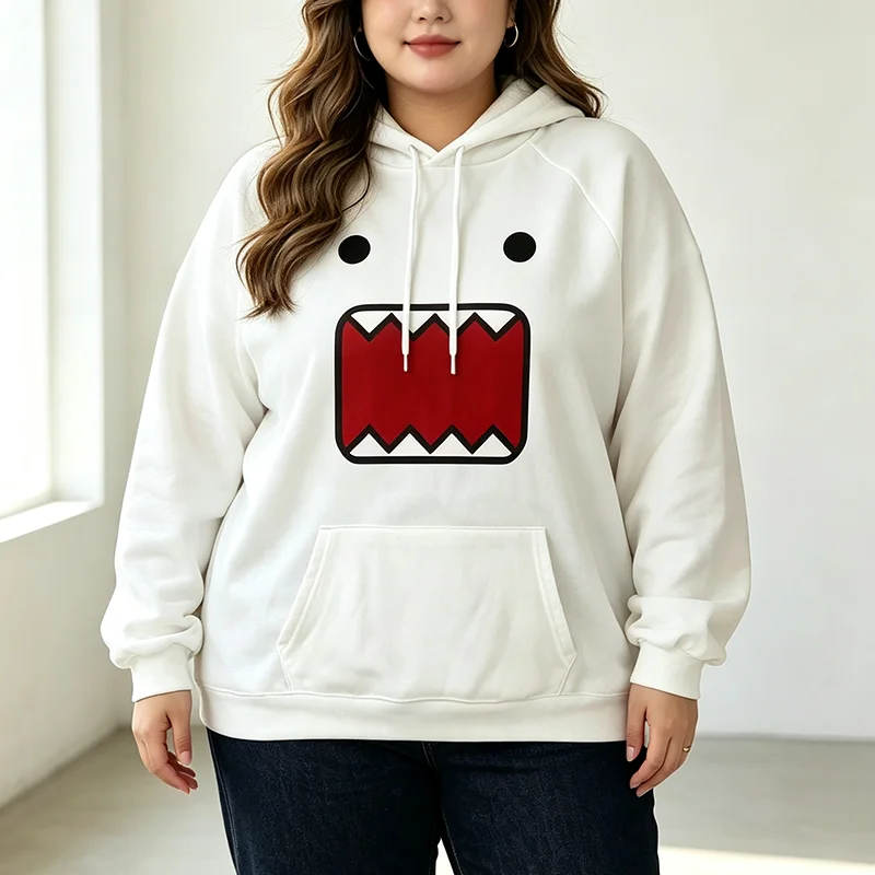 Plus Size Women Cartoon Monster Print Hoodie White Long Sleeve Raglan Drawstring Sweatshirt With Pocket Casual Loose Pullover