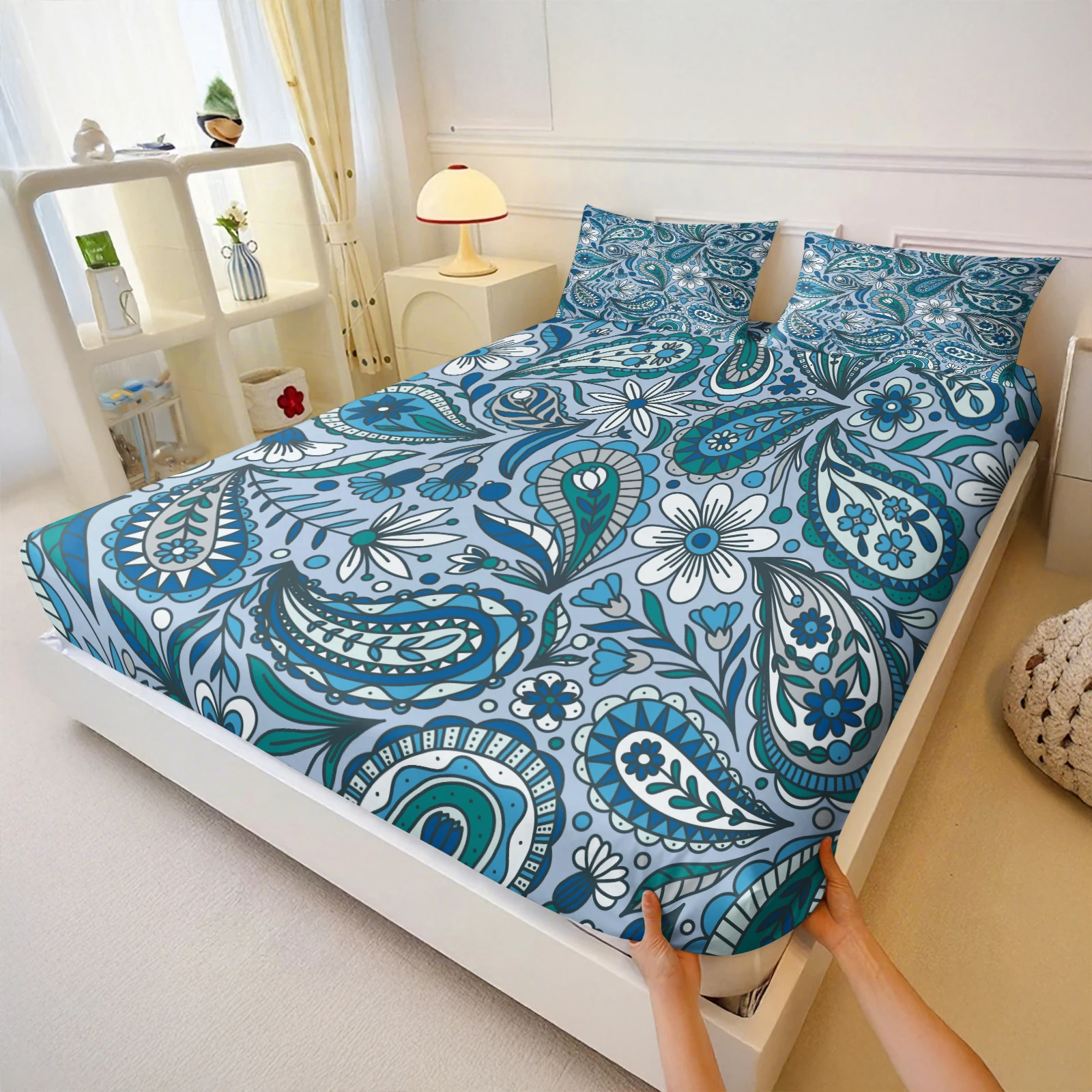 Cool‑Toned Paisley Floral Fitted Sheet Set Wrinkle‑Resistant Soft FabricSnug Elastic Fit Elegant Boho Bedding for Bedroom