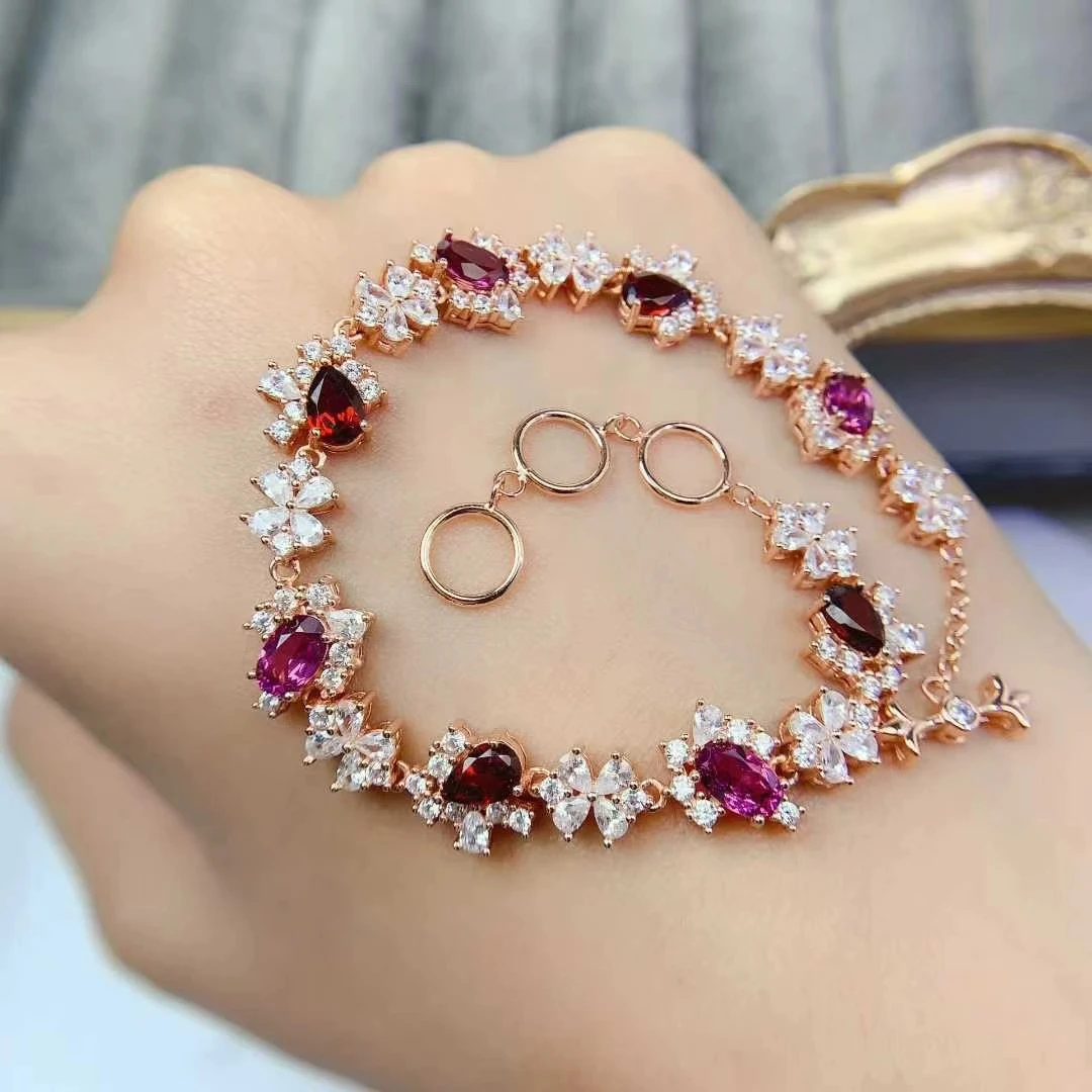 

18K Gold Plated 925 Silver Bracelet Natural Garnet Bracelet 4mm*6mm Genuine Mozambique Garnet Jewelry