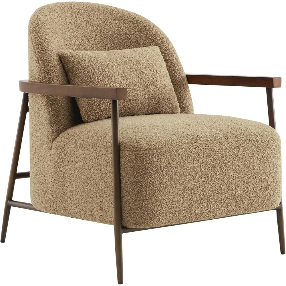 Accent Chair for Living Room, FSC Certified Modern Upholstered Faux Sherpa Fabric Armchair with Metal Frame and Wooden Armrests