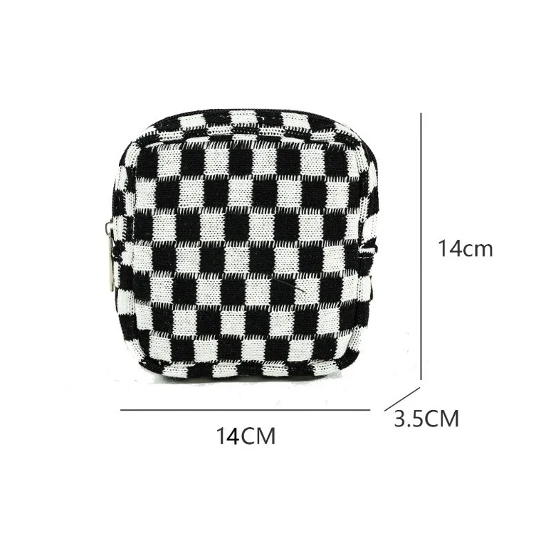 Color-block Checkerboard Knitted Zipper Bag Mini Makeup Cosmetic Bag Women Sanitary Napkin Tampon Organizer Card Coin Pouch