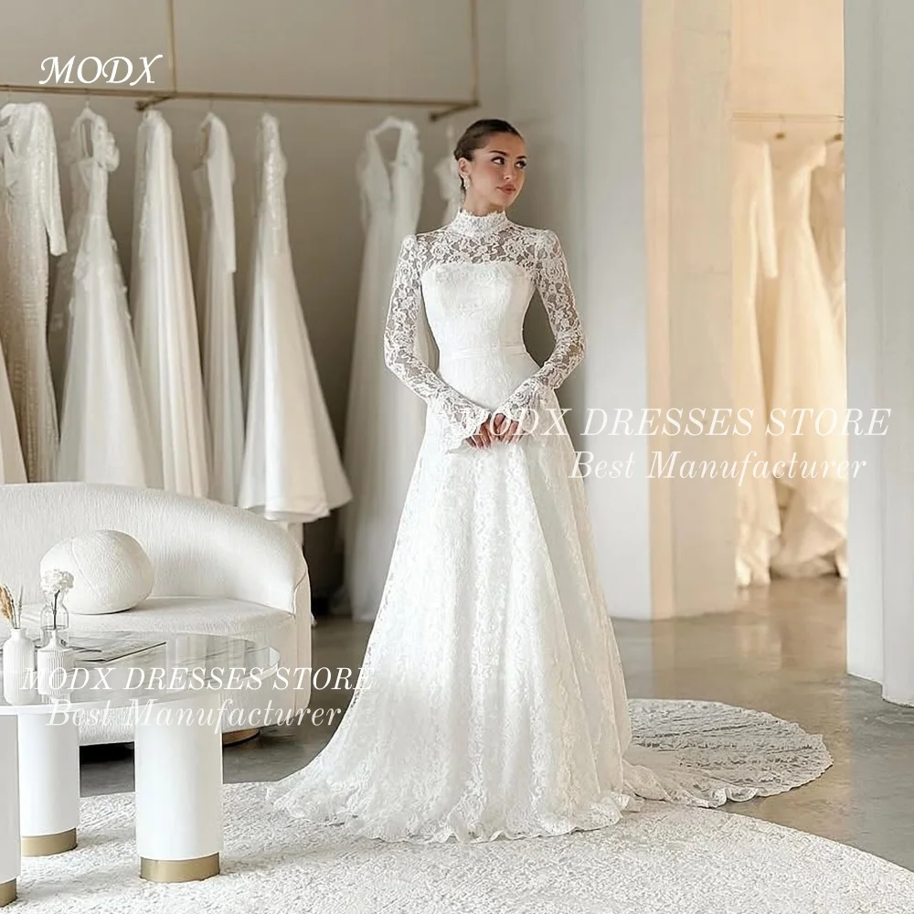 MODX Luxury High-Neck Lace Wedding Dress Modest Bridal Gown Long Sleeves Customized Floor Length Vestidos Novias Boda Women