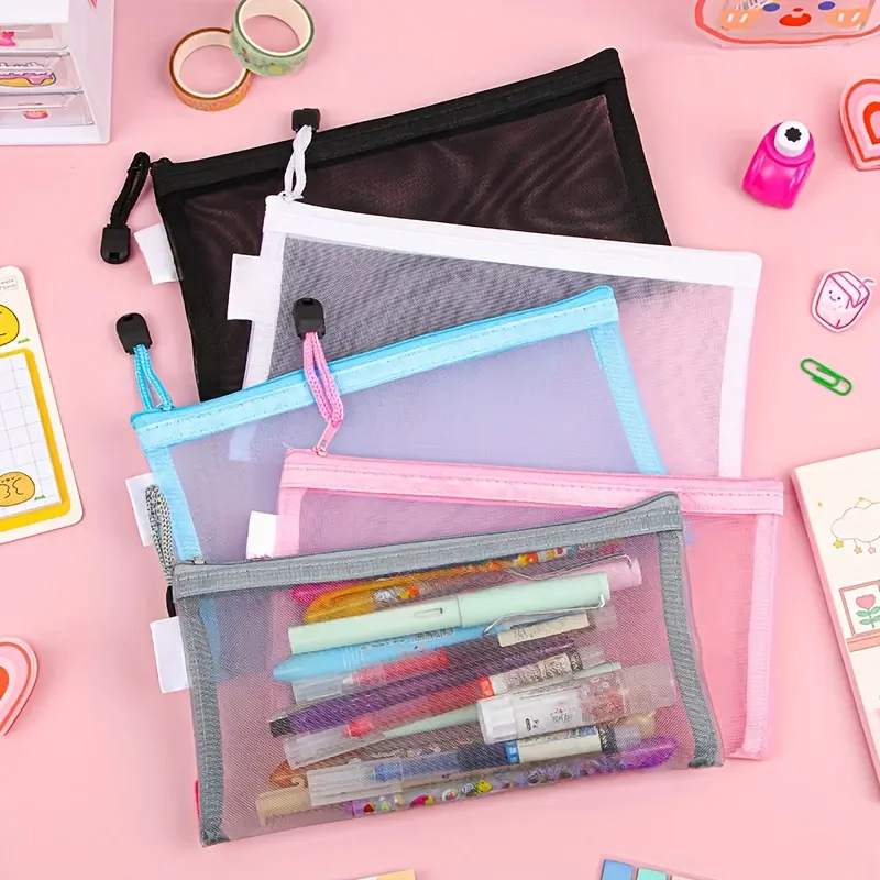5pcs Mesh Zipper Pouch Set Transparent Nylon Storage Bags for Cosmetics Toiletries Office Supplies and Travel Organization