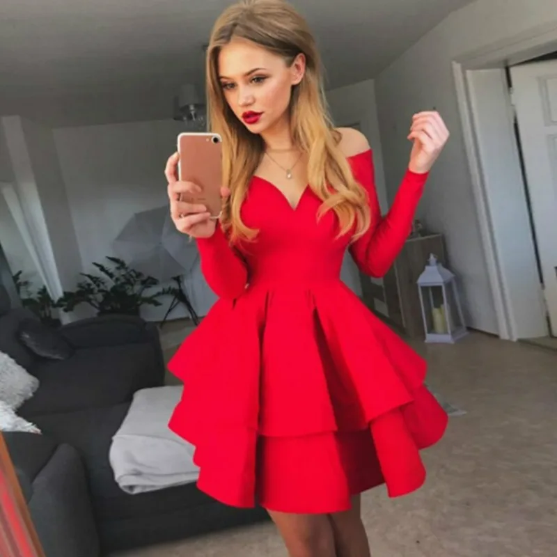European American New Women's Cross-border Shoulder Dress Sexy and Elegant Deep V-neck Long-sleeved Princess Evening Dresses