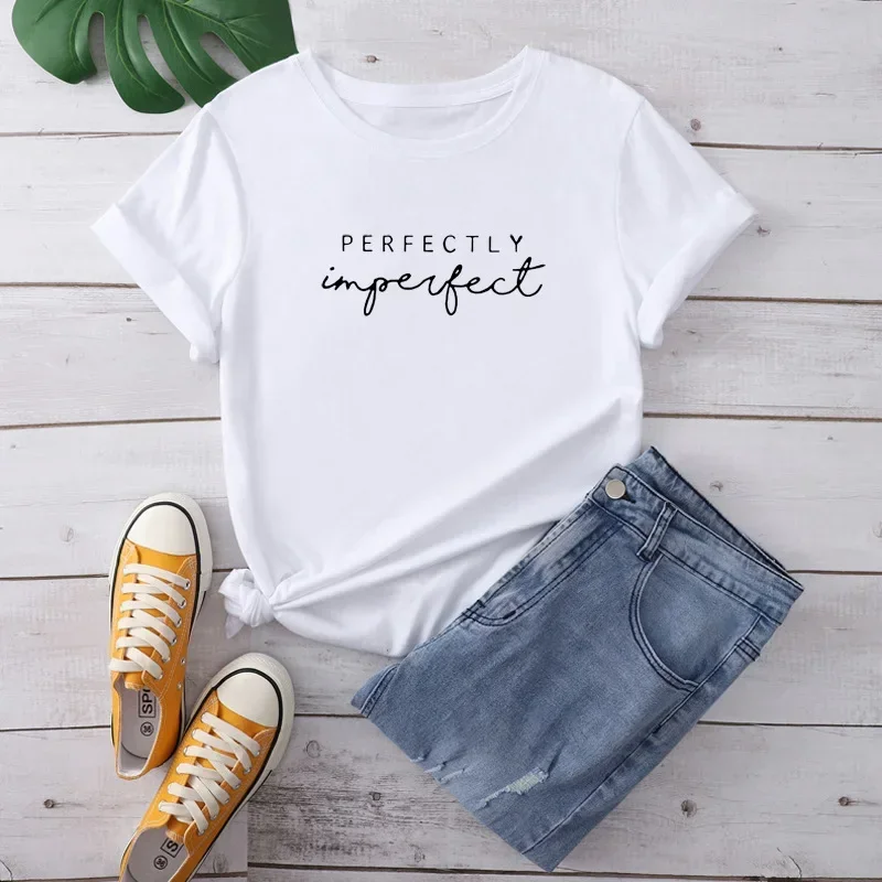 Perfectly Imperfect Letter Print Women's T-shirt Harajuku Casual Short Sleeve Black T-Shirt Female Summer Street Clothes Girl