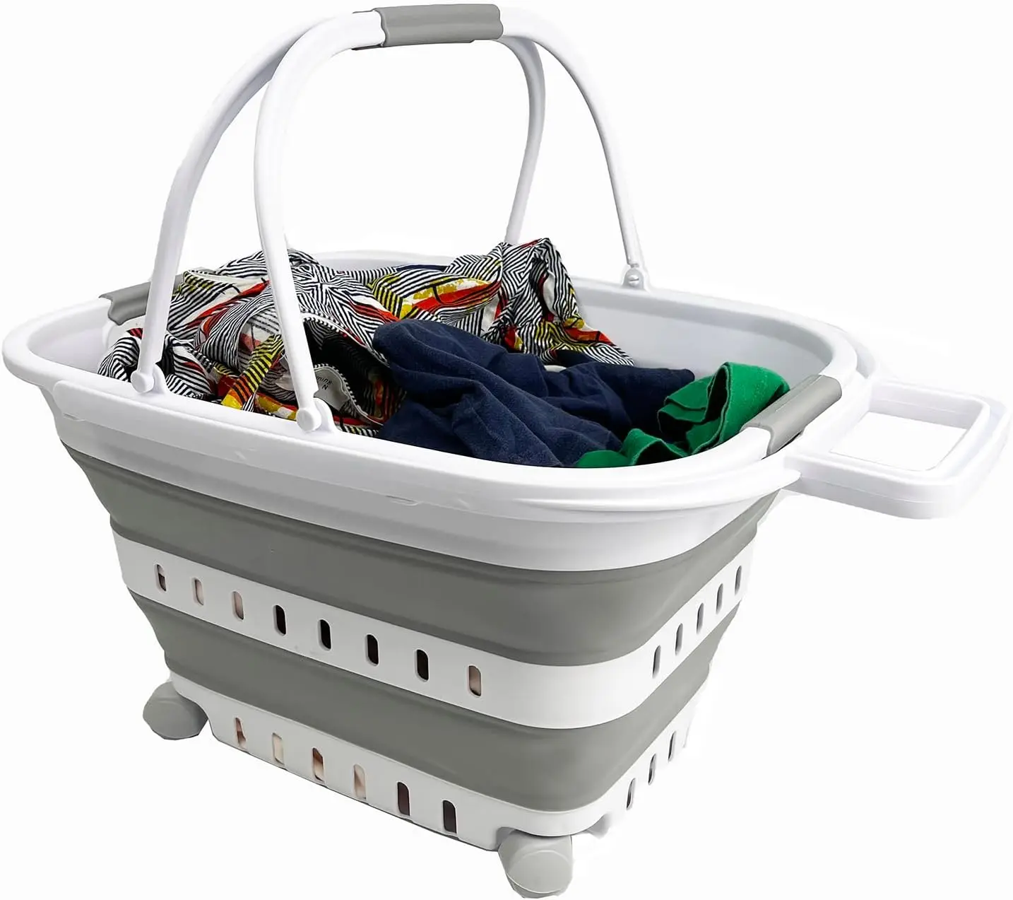 سلة غسيل بلاستيكية قابلة للطي سعة 35 لتر (9.24 جالونًا) بمقبض وعجلات - حاوية تخزين منبثقة قابلة للطي/تنظيم #4