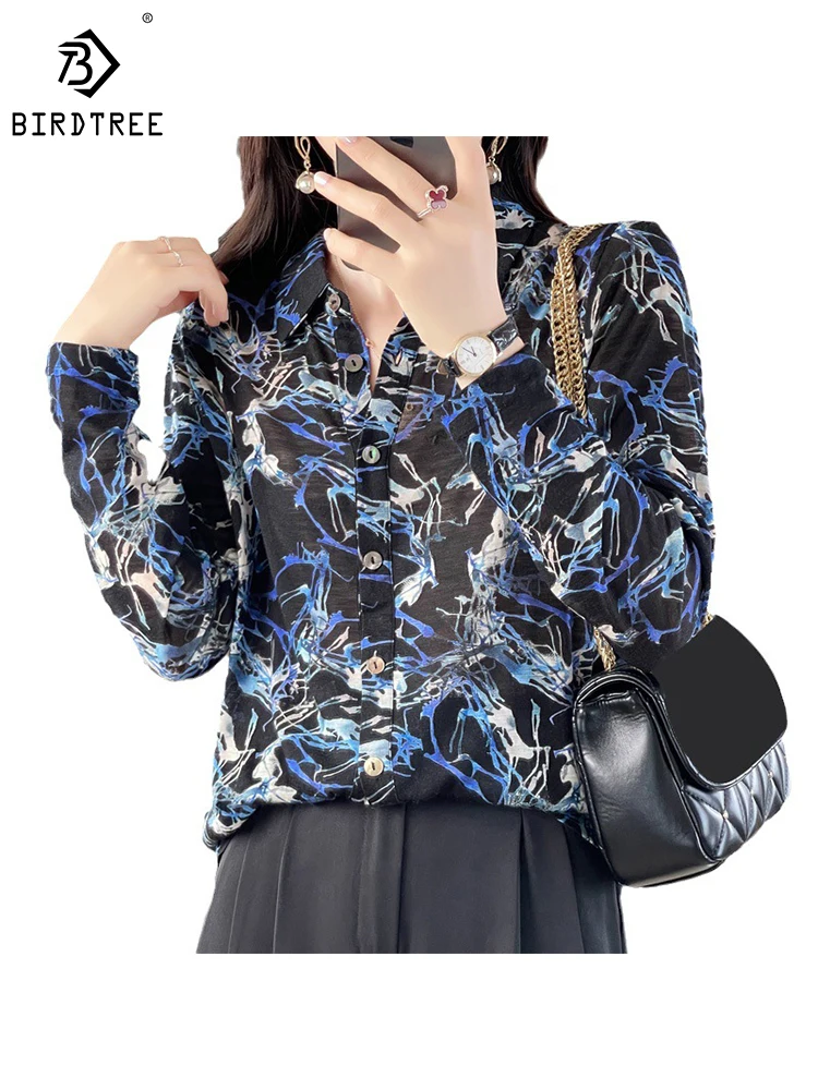 

BirdTree 100%Wool Print Shirt Women,Lapel Long Sleeve,Elegant Fashion Warm Versatile Commute Blouses,2024 Spring New T41965QD