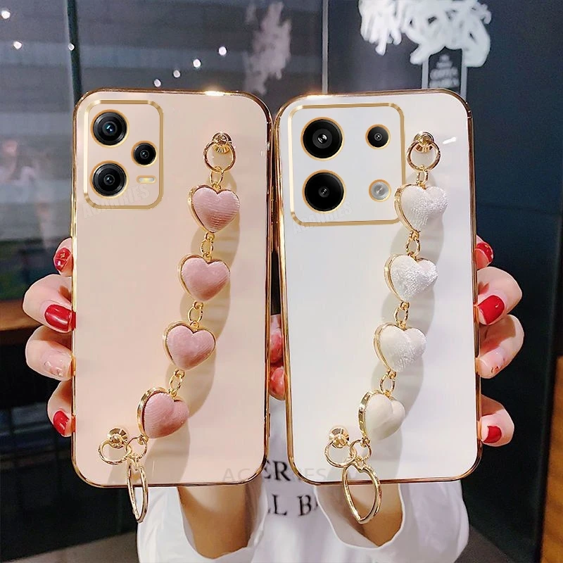 Note13 Love Heart Wrist Chain Silicone Case On For Xiaomi Redmi Note 13 Pro Plus 12 11 12s 11s 13pro 4g 5g Luxury Plating Cover