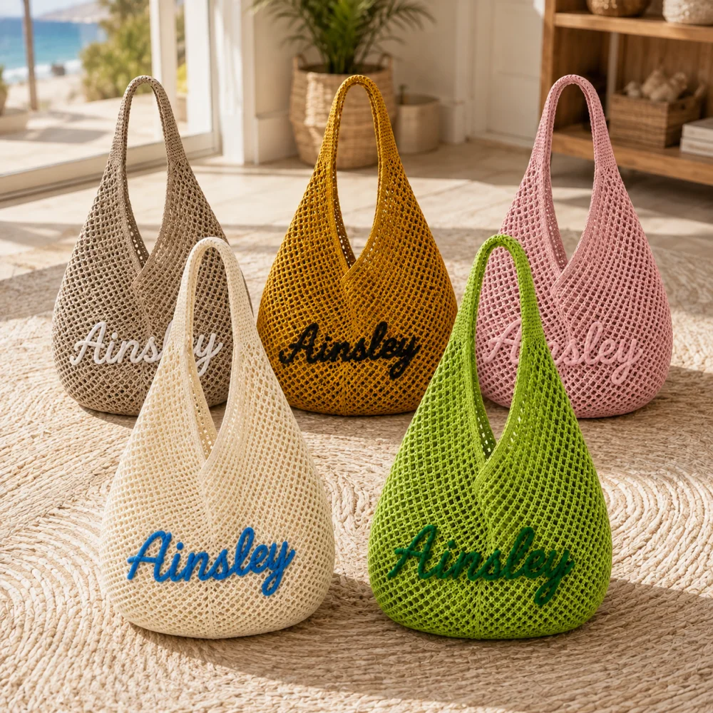 Women Bags Name - Personalized Name Rope Embroidered Hollow Woven