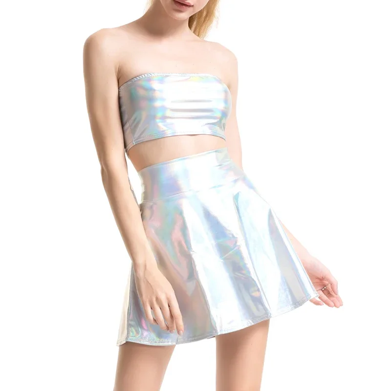 

Clubwear Rave Festival Set Women Co-ord Shiny Laser Holographic Tube Top Metallic Wet Look A-line Mini Skirt 2 Piece Set
