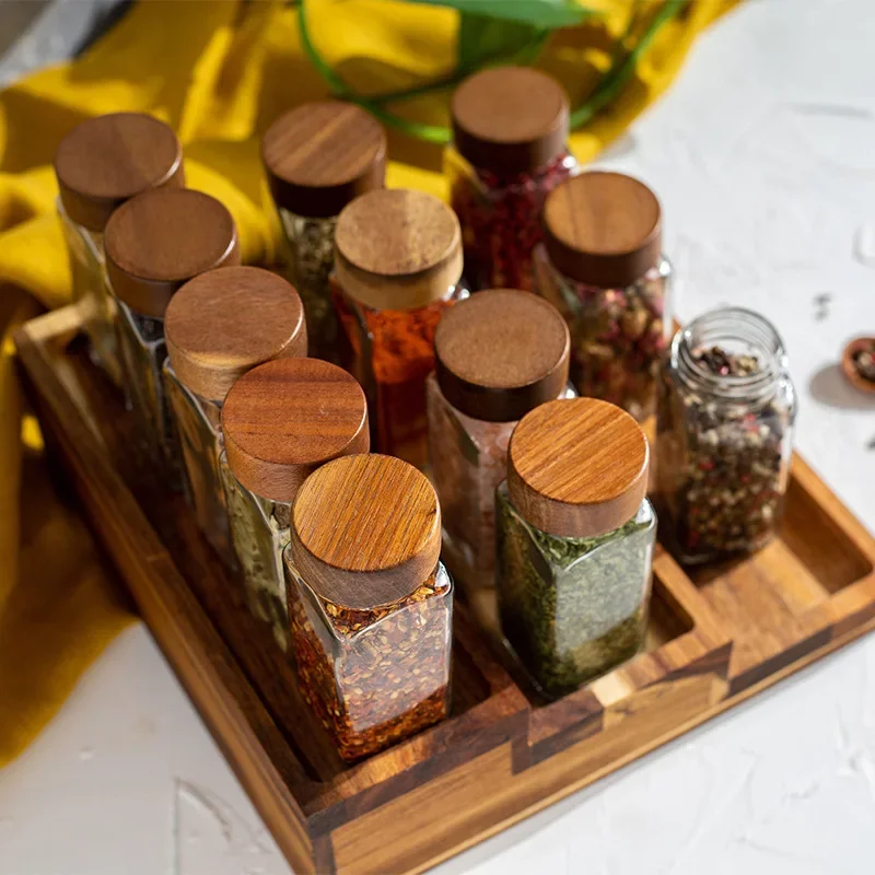 Simple Wooden Lid Seasoning Bottle Square Transparent Glass Can Multi-Function Kitchen Cooking Table Salt Spice Storage Tool