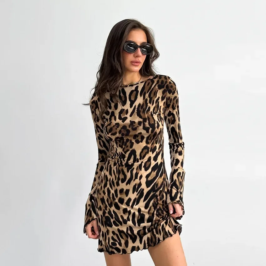 

2024 Autumn Sexy Backless Leopard Print Elegant Mini Dress Women O Neck Lace Up Long Sleeve Lace Casual Hipster Streetwear Robe