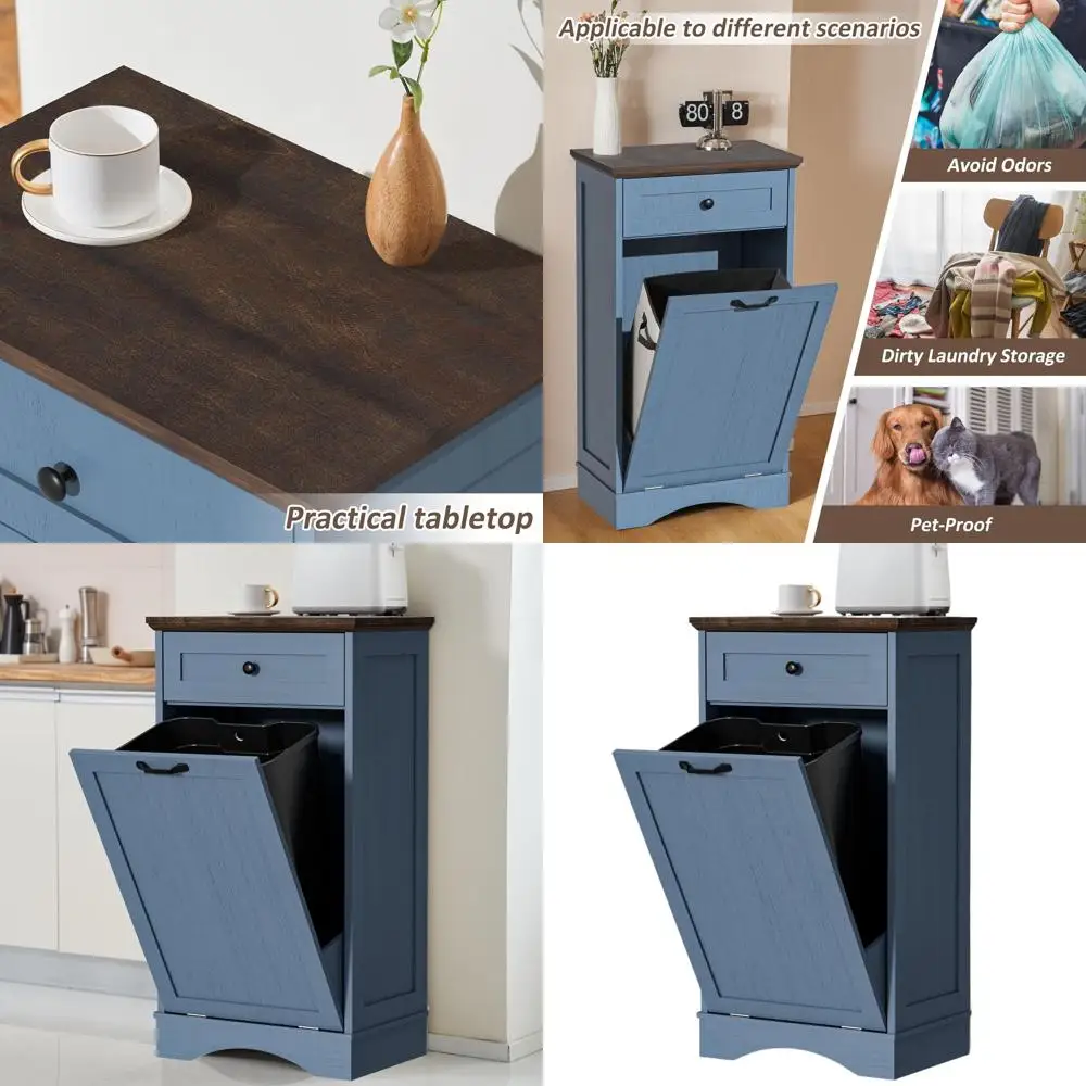 

Синий деревянный кухонный шкаф для мусора и вторсырья с дверцей-секреткой для гостиной и контейнером для мусора, защищенным от домашних животных