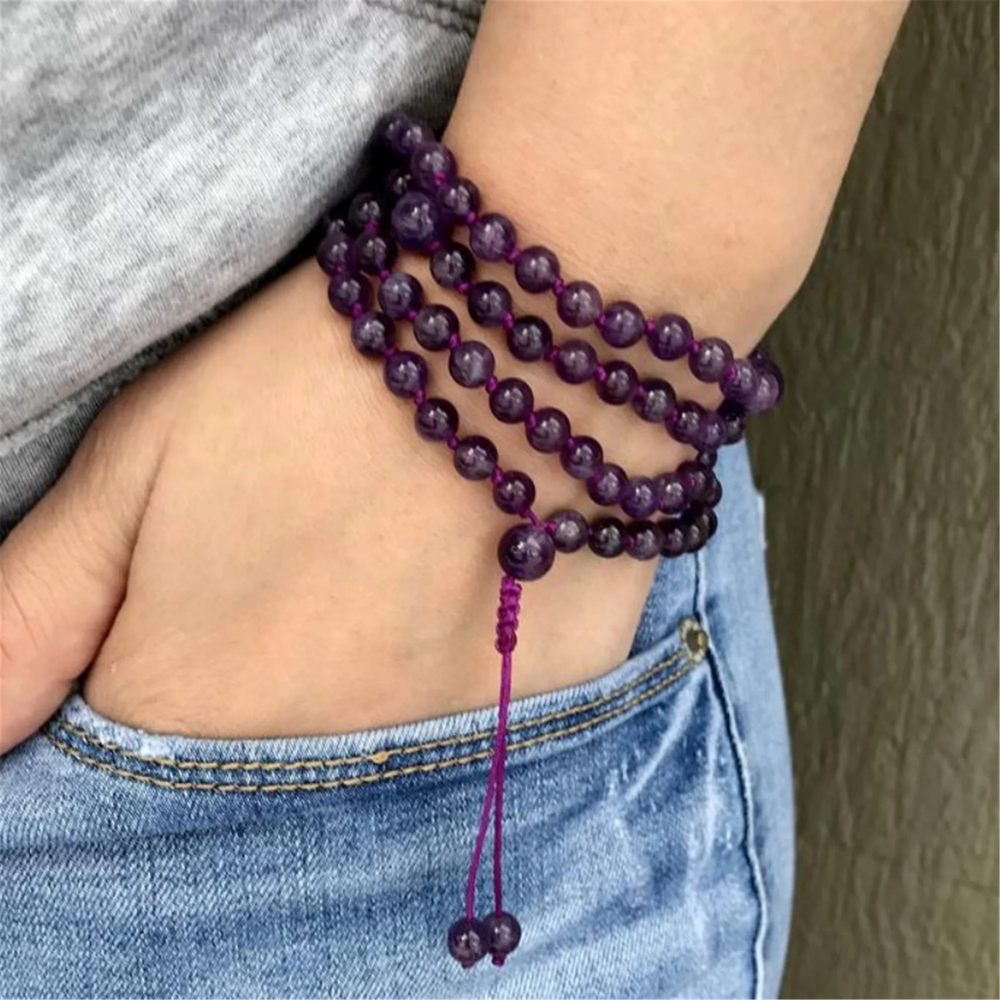 

Fashion Amethyst Purple Crystal 108 Beads Tassel Bracelet gift Stress Yoga Mala Spirituality National Style Meditation Taseel