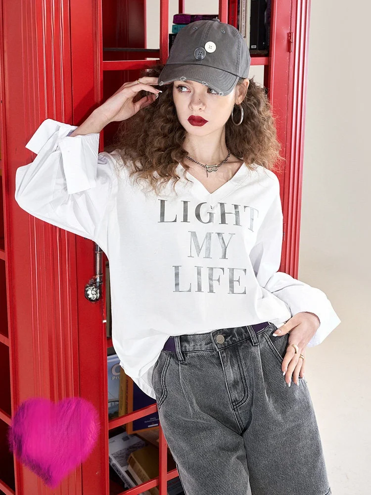 

Свободная женская футболка с длинным рукавом и V-образным вырезом из чистого хлопка с буквенным принтом, повседневный топ для весны и осени, модная коллекция Elf Sa