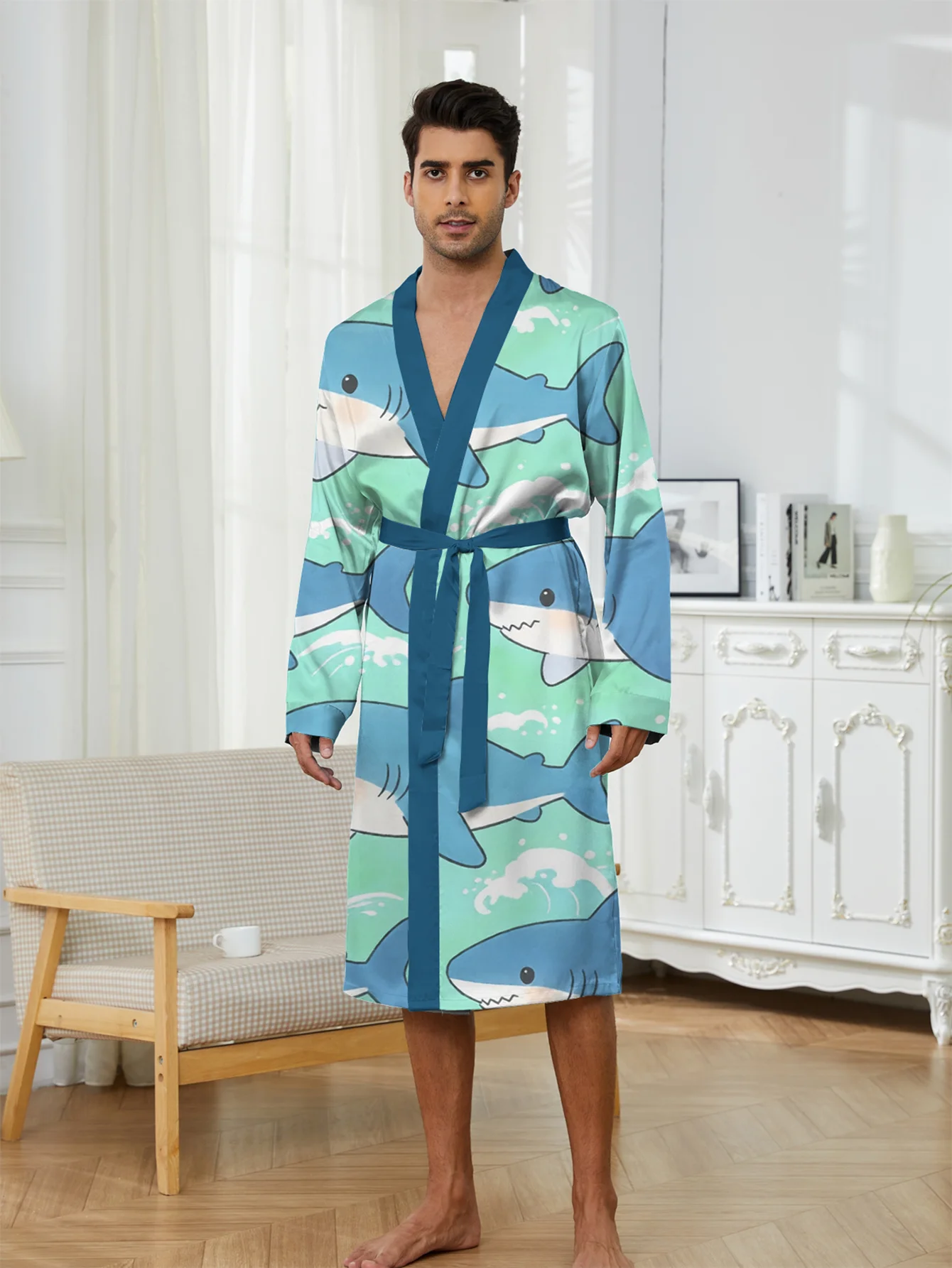 Spring and Autumn's new 3D digital printed fashionable robe, fast drying casual and comfortable home men's bathrobe.