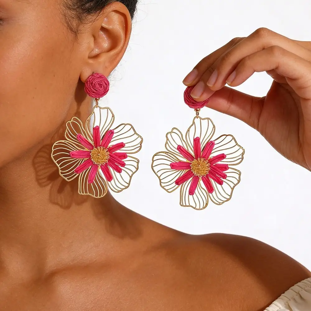 Colorful Summer Raffia Grass Flower Earrings Hollow Out Lafite Grass Bohemian Earrings Alloy Handmade Straw Drop earrings Summer