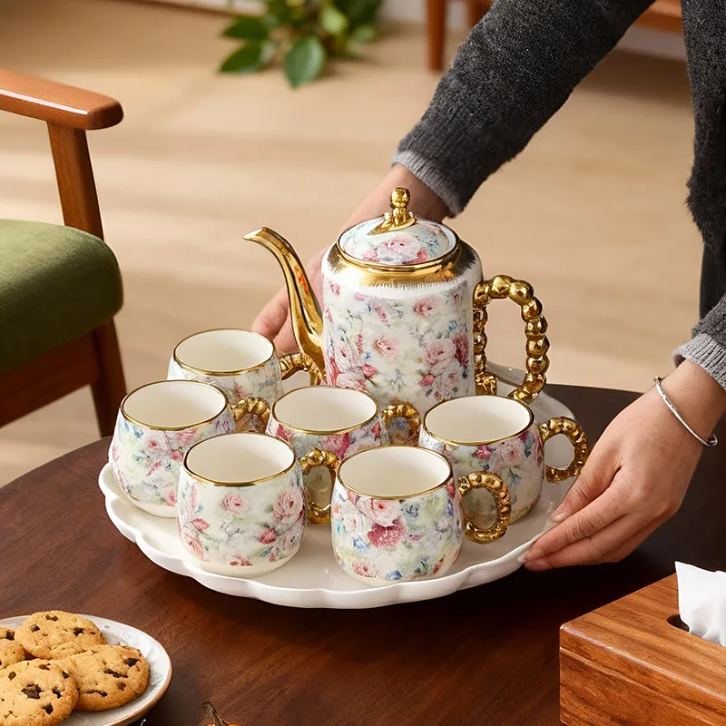 

Luxury European Floral Gold Trim Ceramic Tea Set, 1Teapot 6Cups & Tray Gift Box, Vintage Home Party Serving for Restaurant Cafe