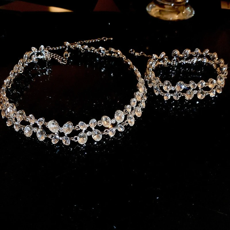 Luxury Double Layer Rhinestone Necklace Bangle for Bridal Jewelry Set Shiny Crystal Chokers Wedding Evening Party Accessory A
