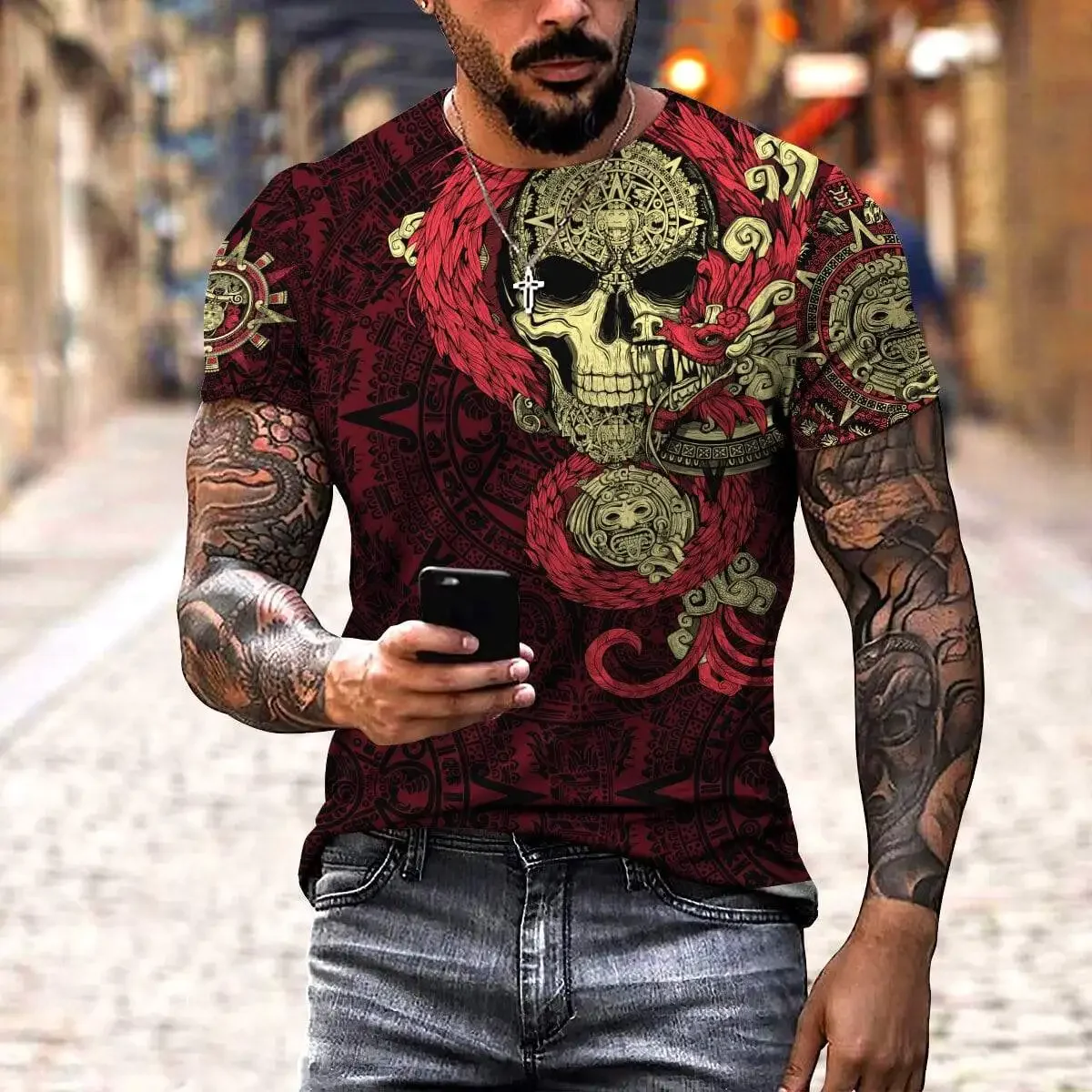 Aztec Harajuku Men\'s T-shirt from Mexico, Casual T-shirt, Urban Fashion, Classical, Retro, Round Neck, 3D Printed Loose Top,