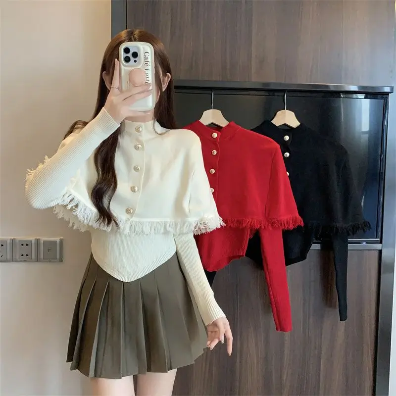 

Irregular knitted base sweater for women autumn new slim fit and stylish long sleeved tassel shawl sweater two-piece set