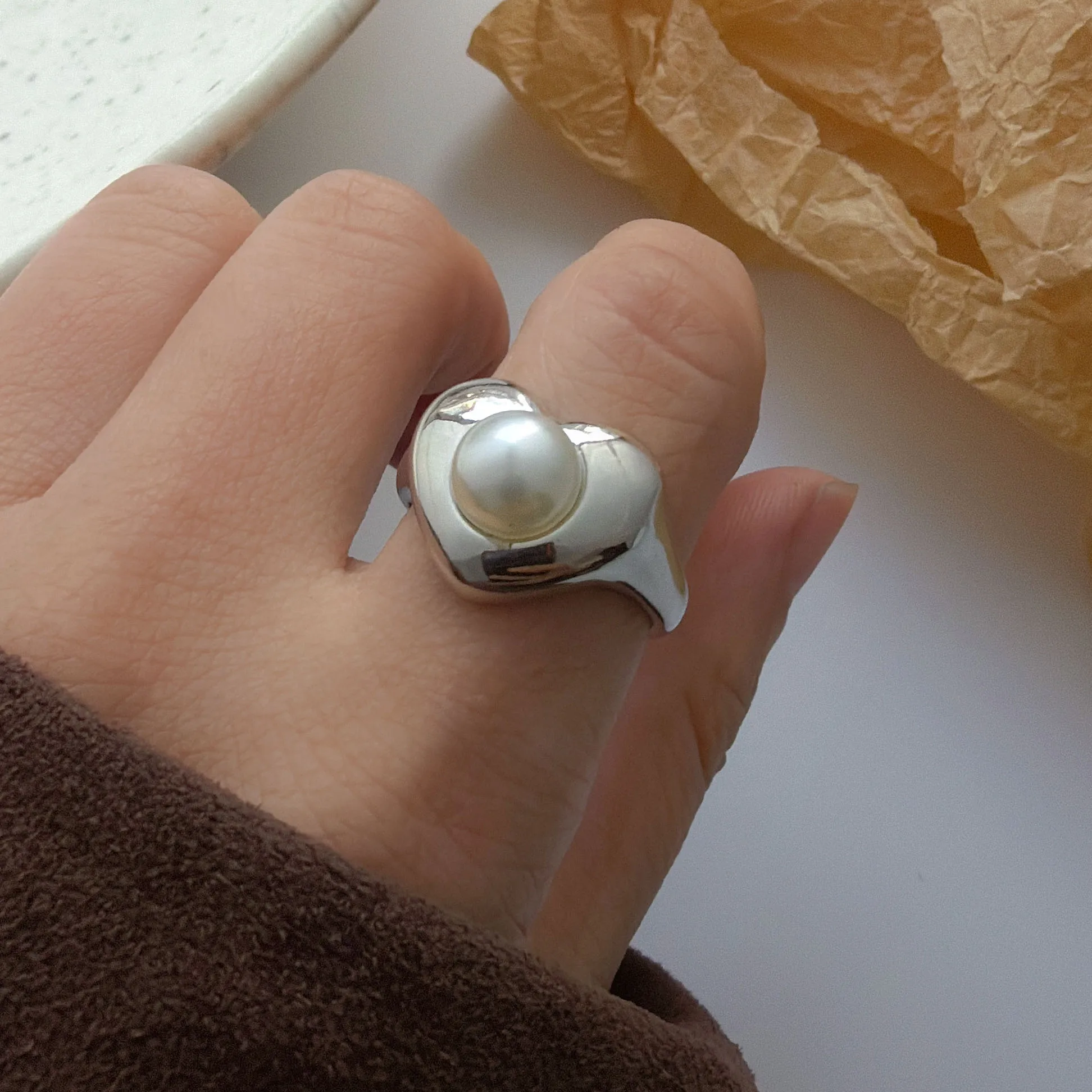 خواتم من الفضة الإسترليني عيار 925 للنساء والأزواج، خاتم لؤلؤ على شكل قلب بسيط مصنوع يدويًا، هدية مجوهرات راقية تمنع الحساسية