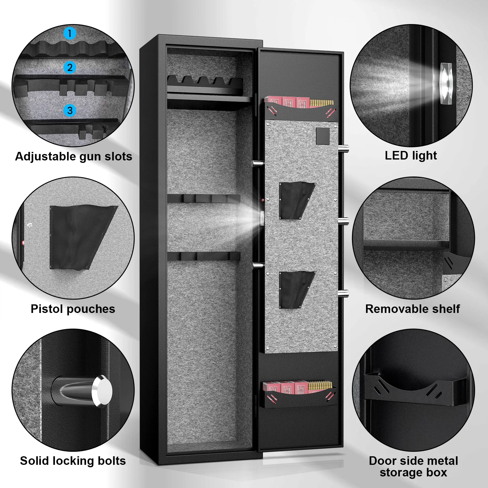 Quick Access Rifle Gun Safe with Silent Mode and Alarm System，Gun Cabinet with Removable Shelf and 3 Adjustable Gun Slots