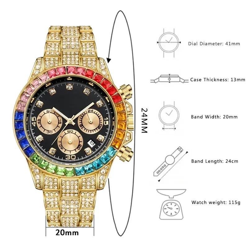 Men‘s  Watches Women Luxury Iced Out Watch Clocks Fashion Colourful Watch Square Quartz Wristwatches Watch Men Gift Reloj