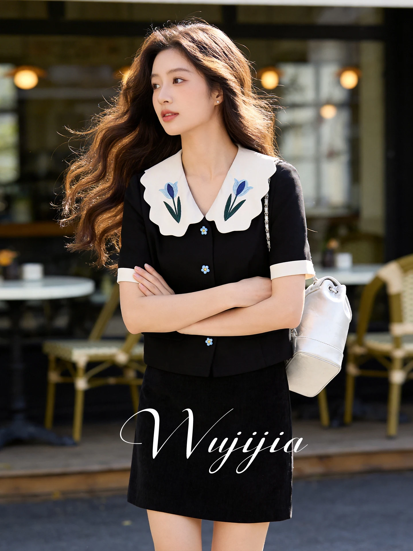 

plus Size Women's Fashion Set Summer New Style Retro Anti-Aging Doll Collar Top Half Skirt Commute Artistic Polyester Fiber