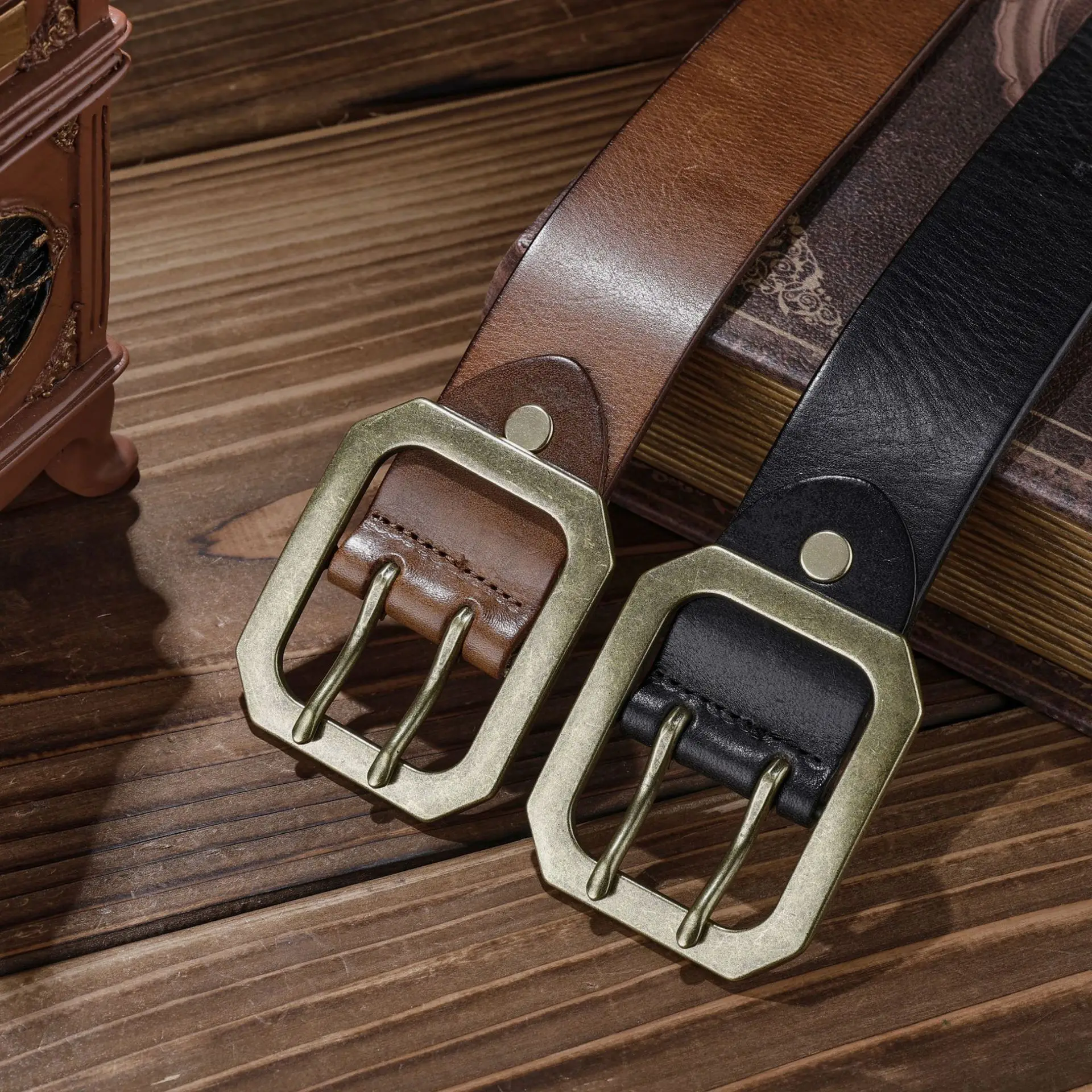 38cm-メンズトップレイヤー牛革ピュアベルト-本革レトロデニム万能トレンドパンツ-ダブルニードルバックルベルト