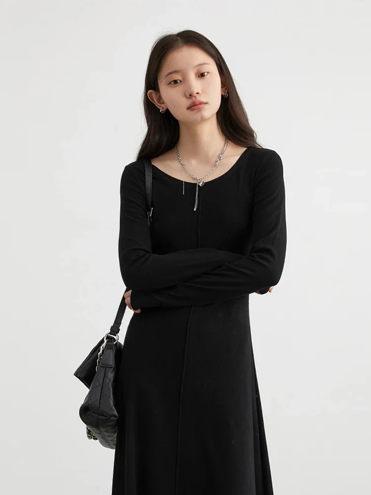 CHIC VEN Korean Women Dresses Solid Long Sleeve New Round Neck Long Dress A Line Bottom Skirt Autumn Spring 2023