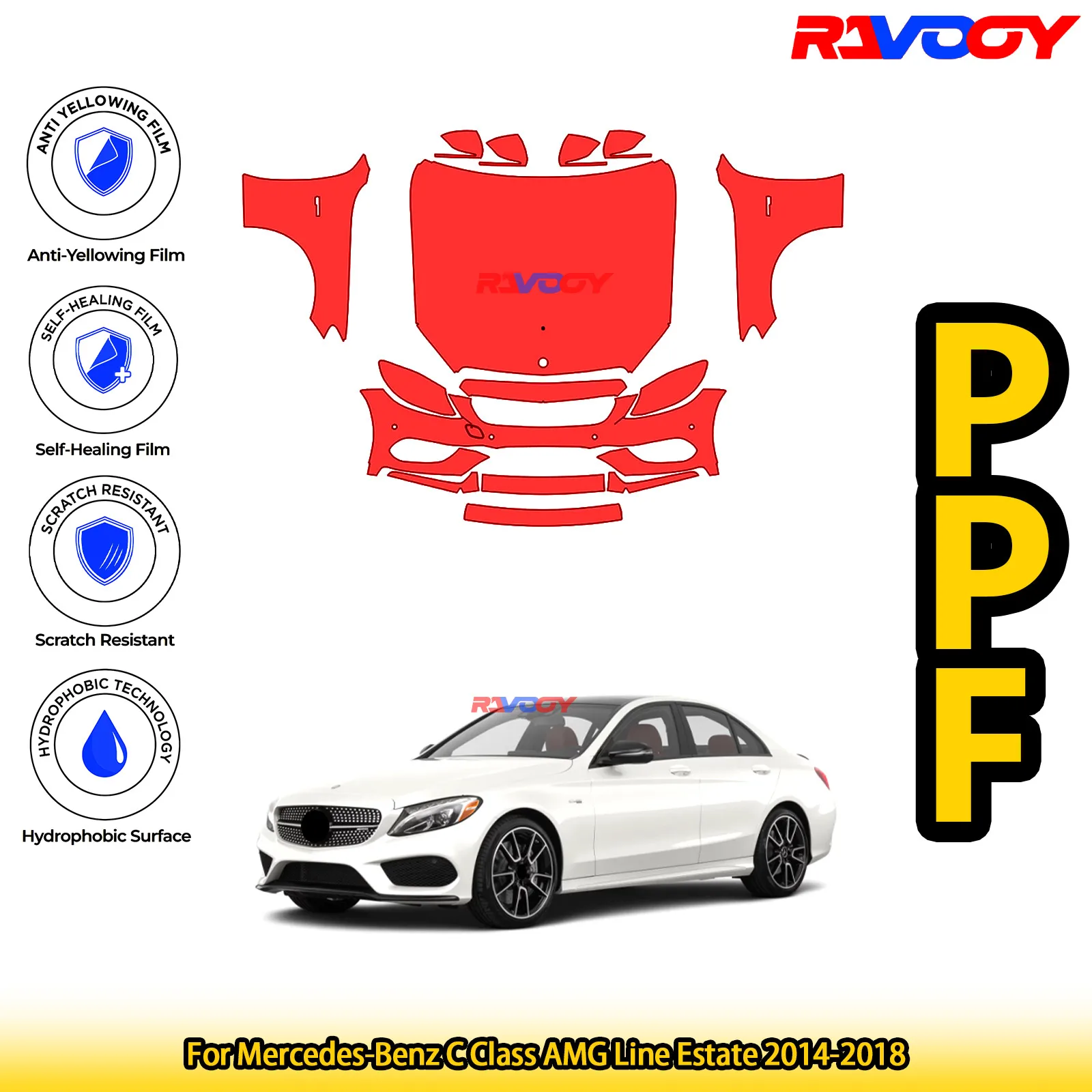 

For Mercedes-Benz C Class AMG Line Estate 2014-2018 Glossy Matte Black Precut front PPF Kit Paint Protection Film