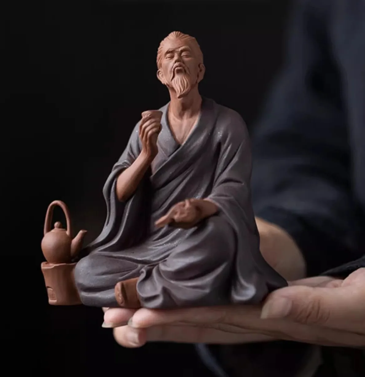 Chinese Zi Sha Clay Lu Yu Statue Tea-tasting Figure Tea Saint Drinking Decor