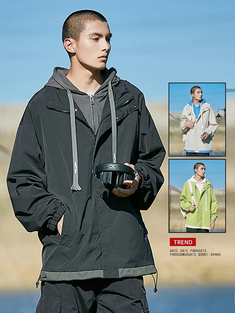 

Модная мужская куртка с капюшоном, повседневная уличная ветрозащитная спортивная одежда для весны, на флисовой подкладке, на молнии, свободного кроя