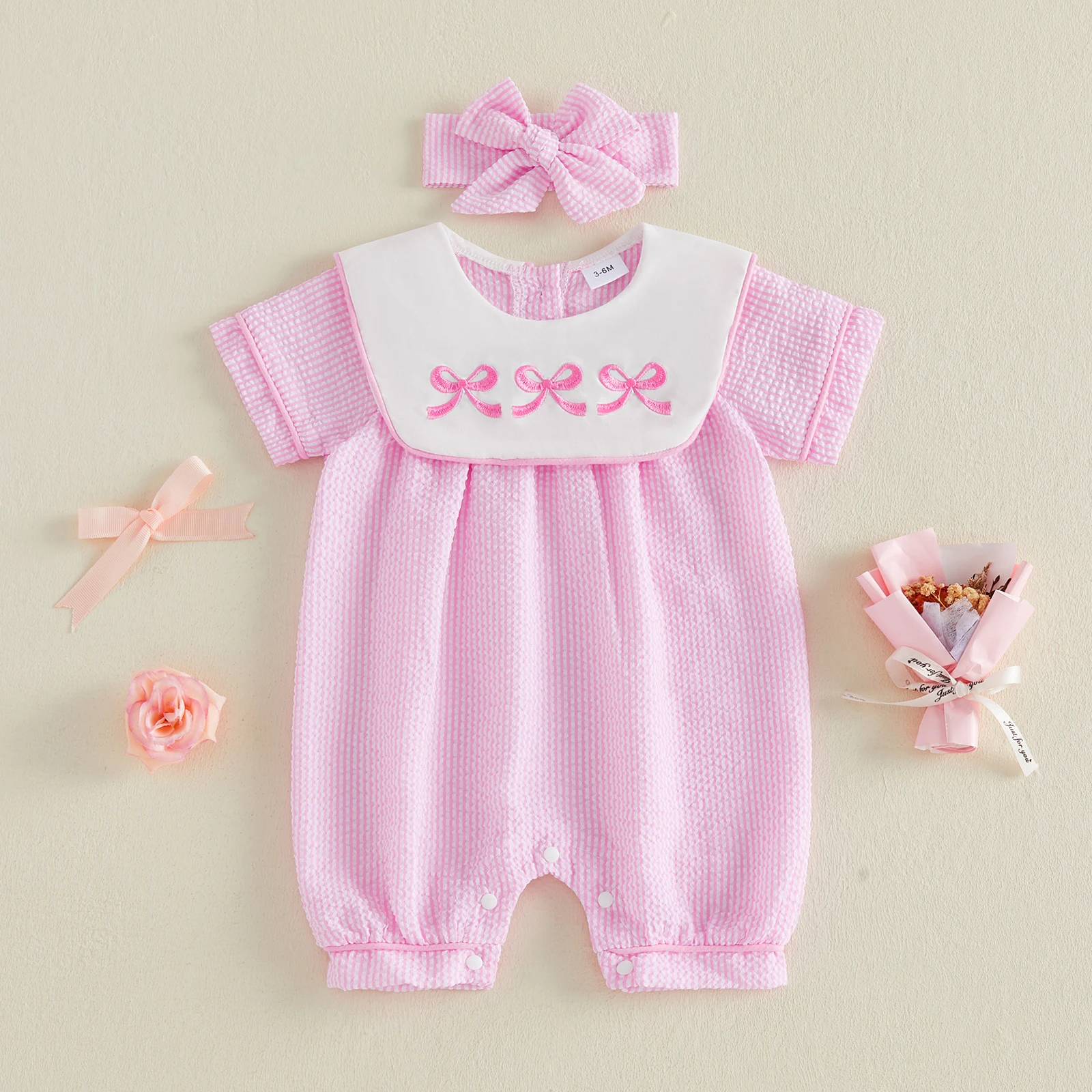 Sweety Baby Girl Summer Outfit Bow Embroidered Striped Short Sleeve Bubble Romper Headband Set
