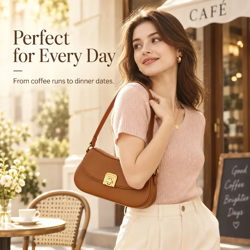 Women Faux Leather Saddle Shoulder Bag Retro Metal Lock Design Removable Strap Casual Daily Crossbody Handbag