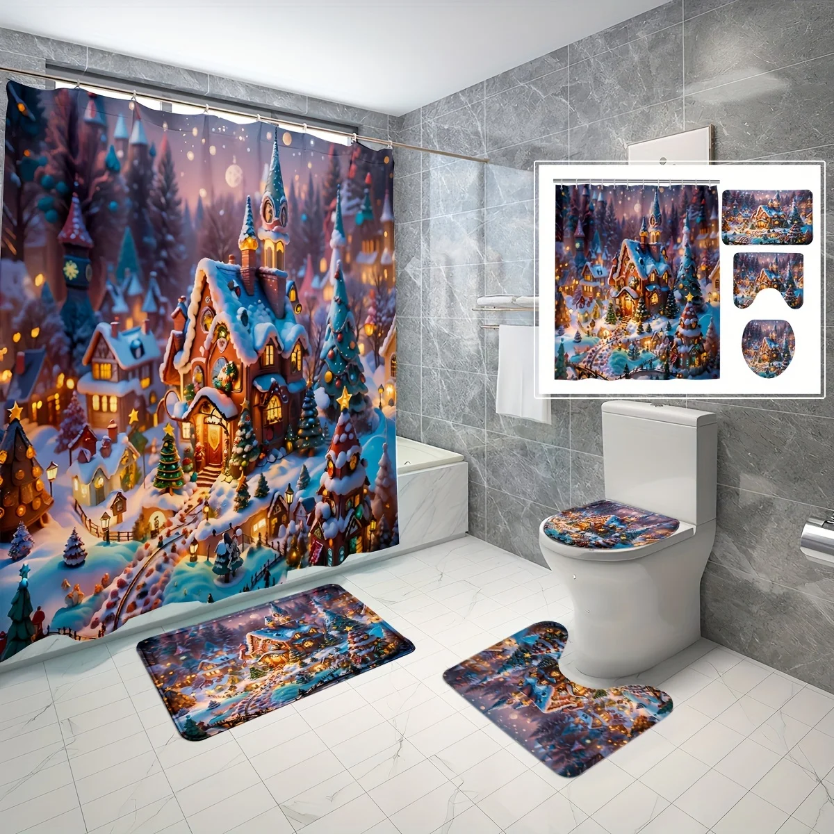 4PCS Christmas Fantasy Town Shower Set – Bath Mat U-Seat Cover Shower Curtain 12 Hooks Non-Slip Rug Holiday Decor