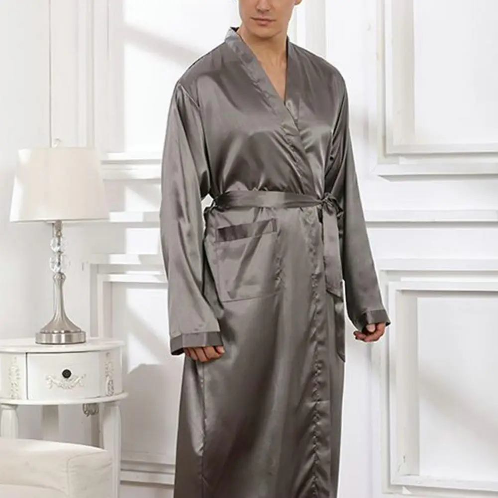 Men Bathrobe Long Nightgown Soft Silk Dressing Gown Bathrobe Lace Up Waist Belted Side Pockets Bathrobe Homewear Bath Robe