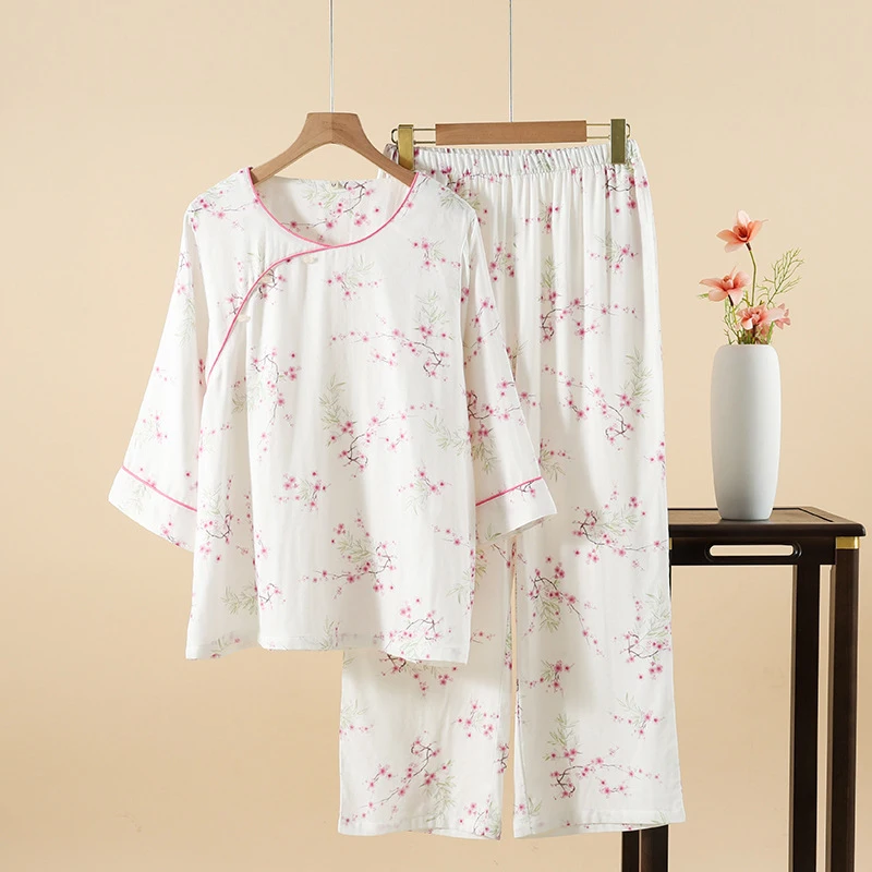 

2-Piece Women's Pajama Set, Chinese Style Bamboo Cotton Sleepwear, 3/4 Sleeve Pullover Top & Pants, Breathable & Lightweight, Ve